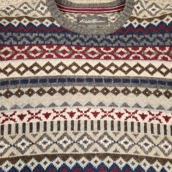 Eddie Bauer Fair Isle Crew Neck Sweater Wool Blend Holiday Winter Mens Medium - Picture 2 of 7